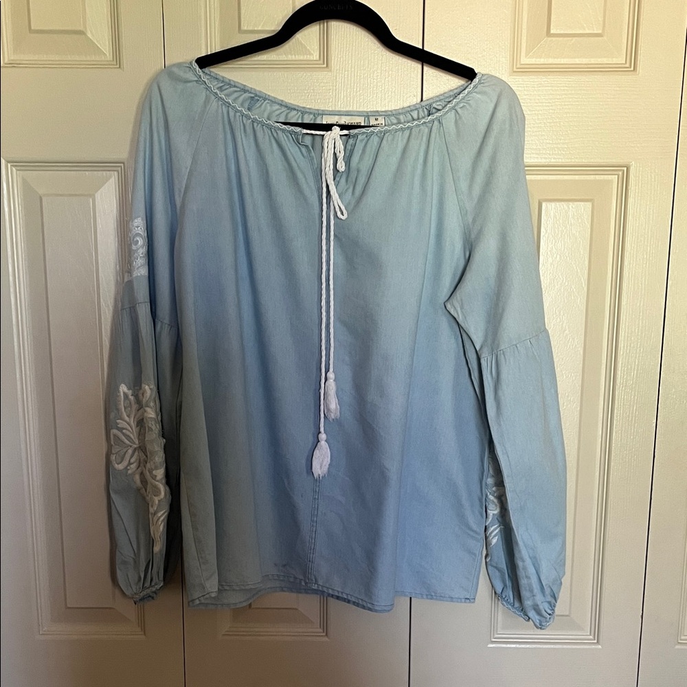 JohnPaulRichard Light Blue Embroidered Peasant Top